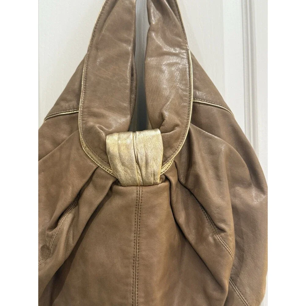 KOOBA Pleated Shoulder Leather Hobo Bag Purse Gold Brown Slouchy Boho - Picture 4 of 16